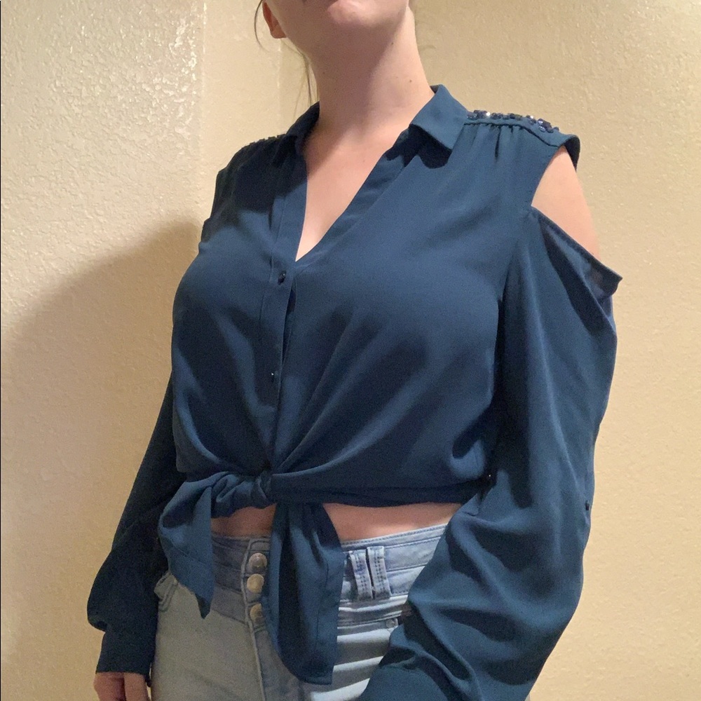 Blue bejeweled button up shirt by candies XL